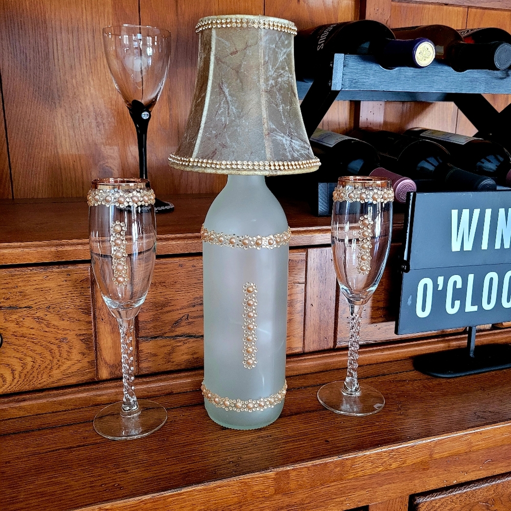 Elegant Beaded Wine Bottle Lamp Set Hand Crafted With Lights Inside Wine Bottle